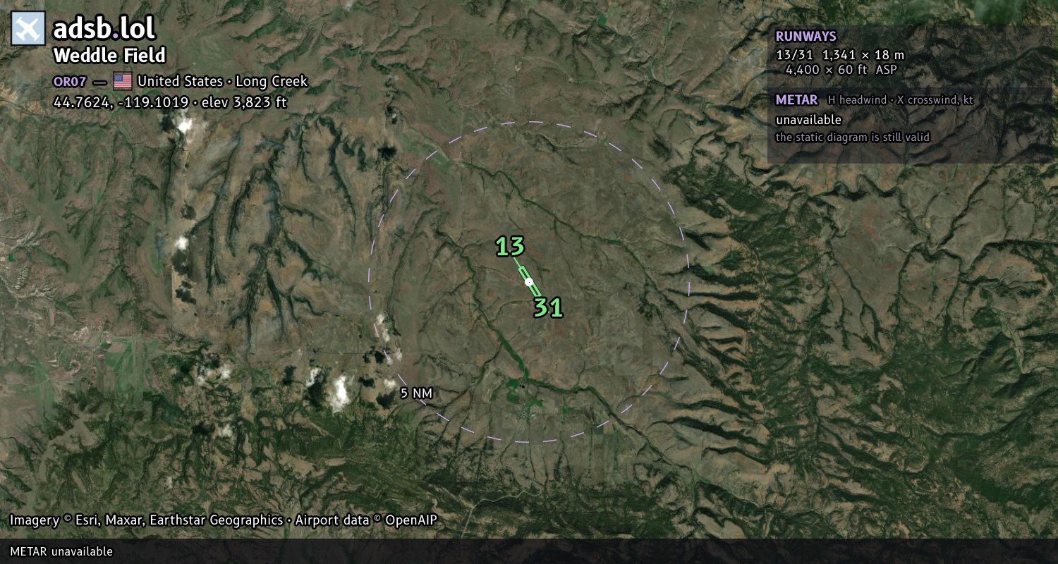 Satellite map with the runway layout of Weddle Field (OR07)