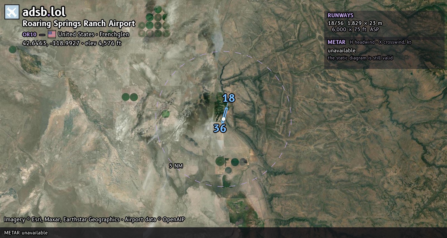 Satellite map with the runway layout of Roaring Springs Ranch Airport (OR10)