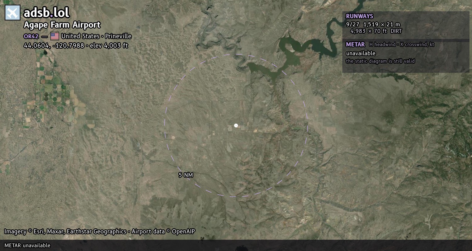 Satellite map with the runway layout of Agape Farm Airport (OR42)