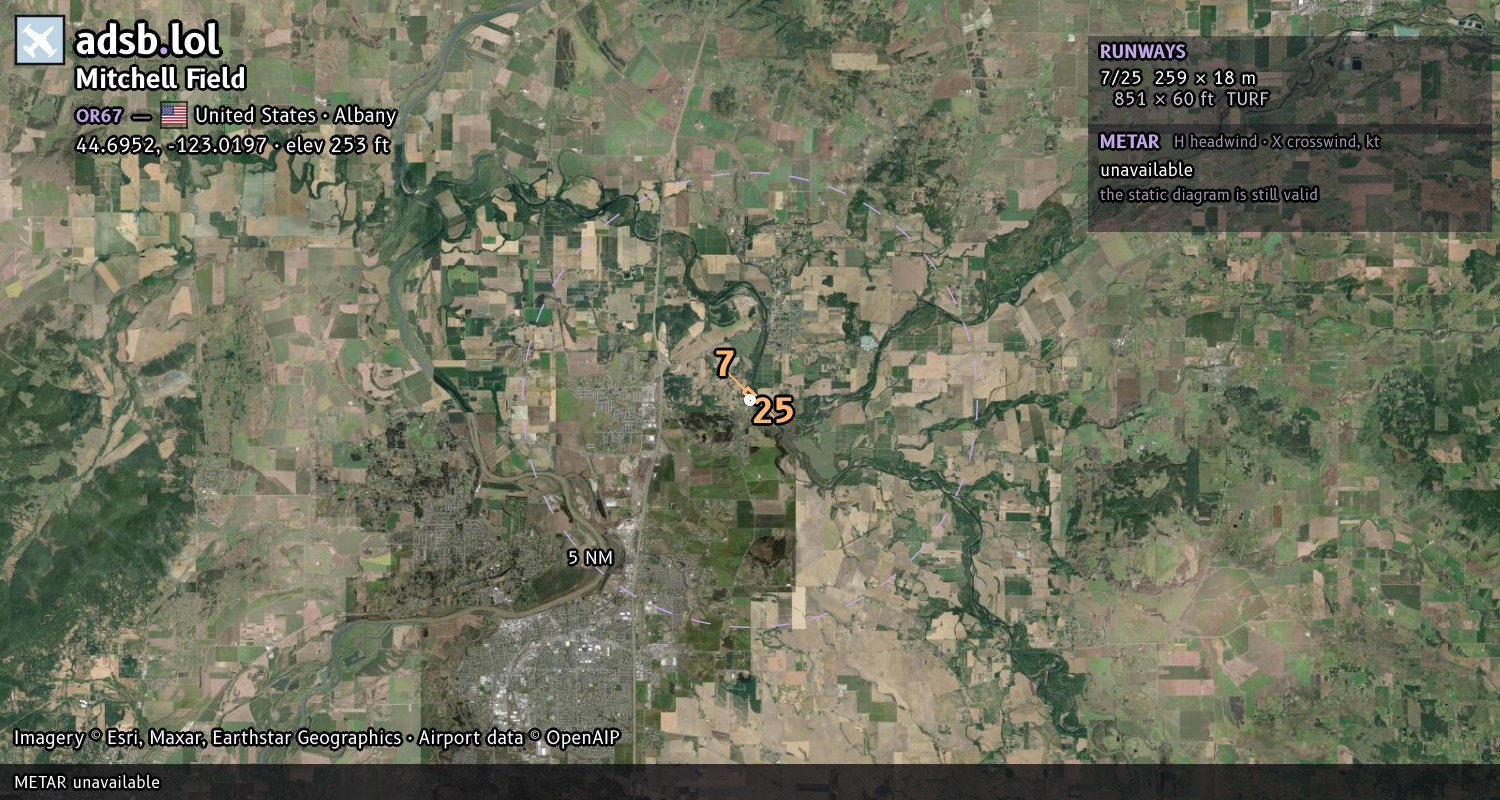 Satellite map with the runway layout of Mitchell Field (OR67)