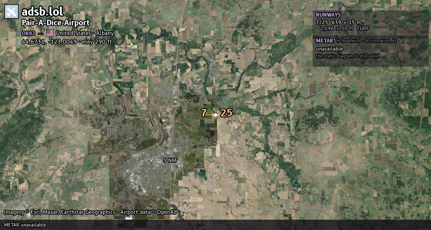 Satellite map with the runway layout of Pair-A-Dice Airport (OR82)