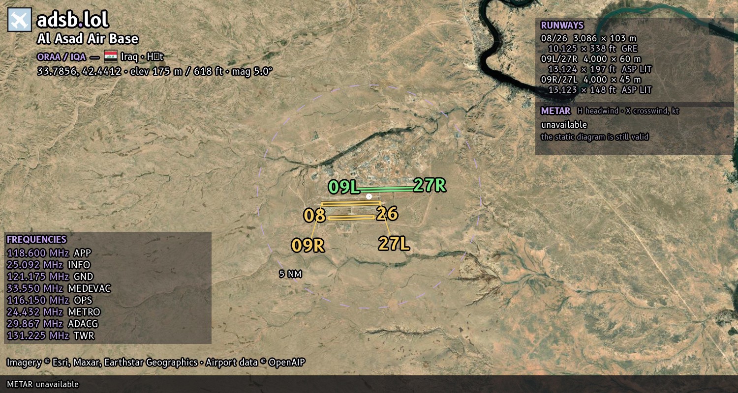 Satellite map with the runway layout of Al Asad Air Base (ORAA)