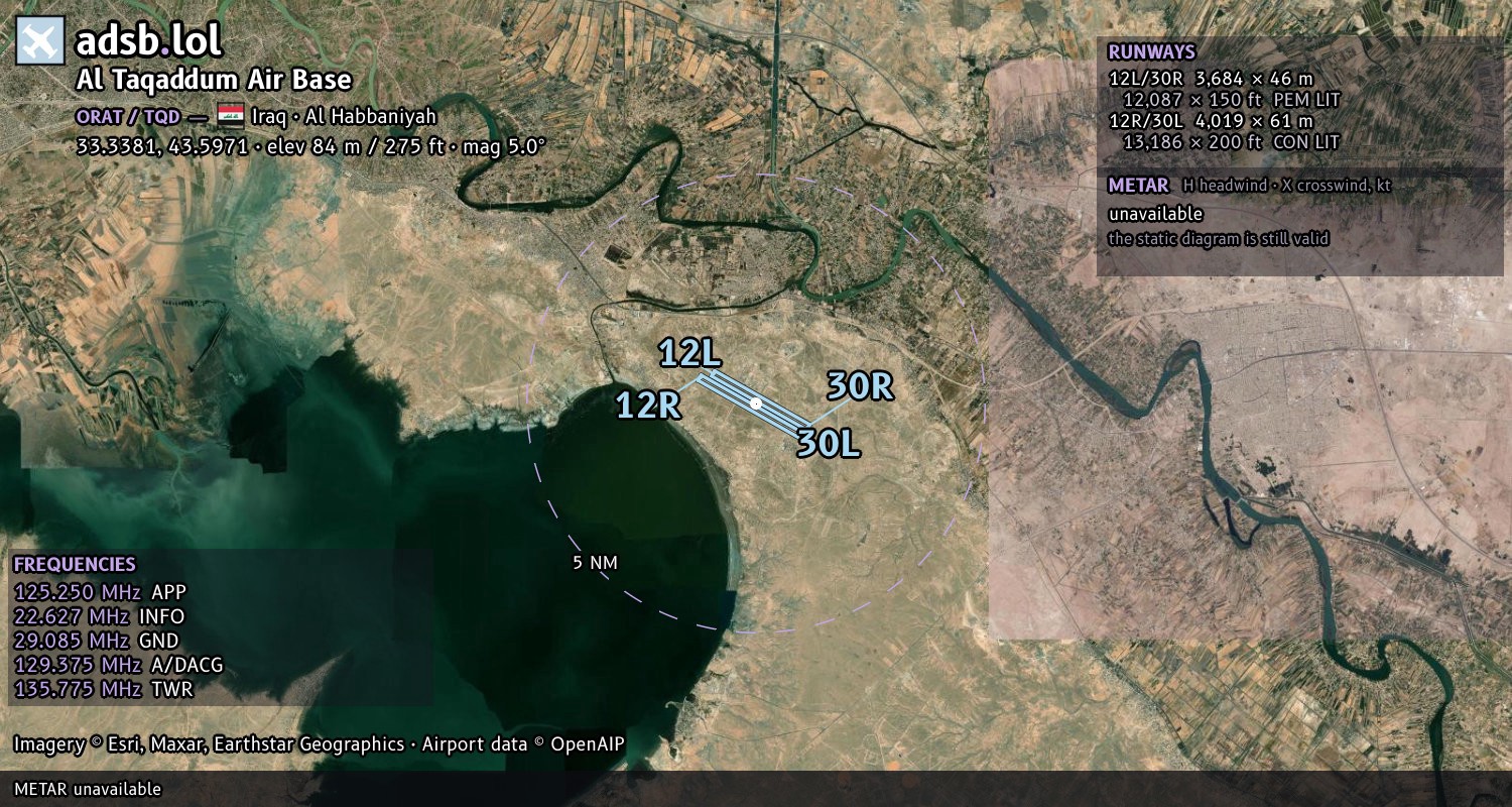 Satellite map with the runway layout of Al Taqaddum Air Base (ORAT)
