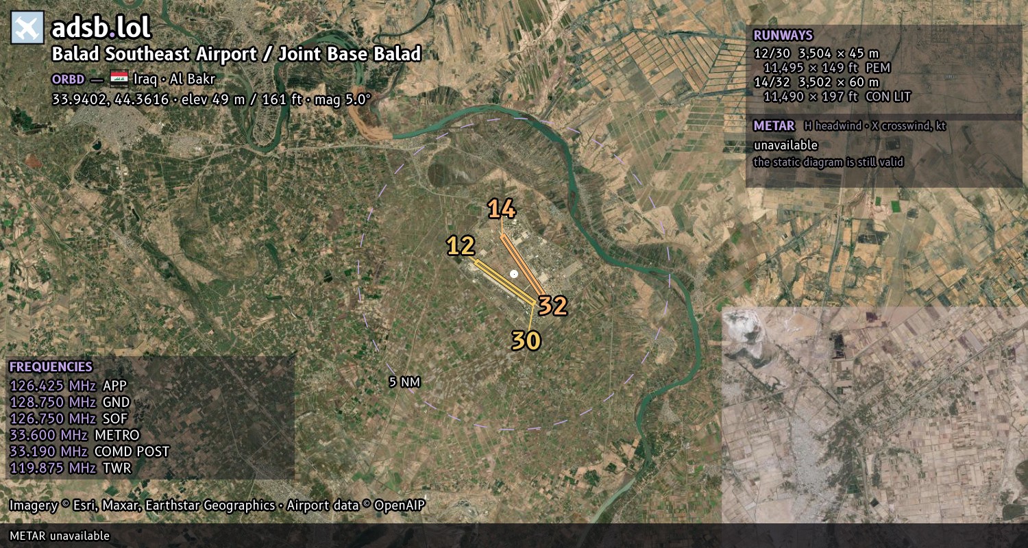 Satellite map with the runway layout of Balad Southeast Airport / Joint Base Balad (ORBD)