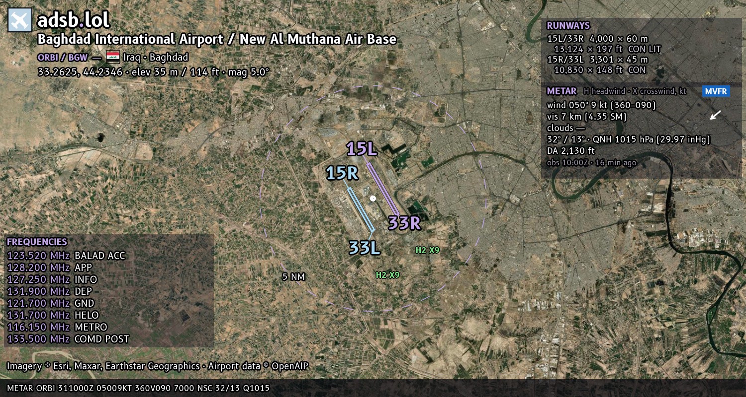 Satellite map with the runway layout of Baghdad International Airport / New Al Muthana Air Base (ORBI)