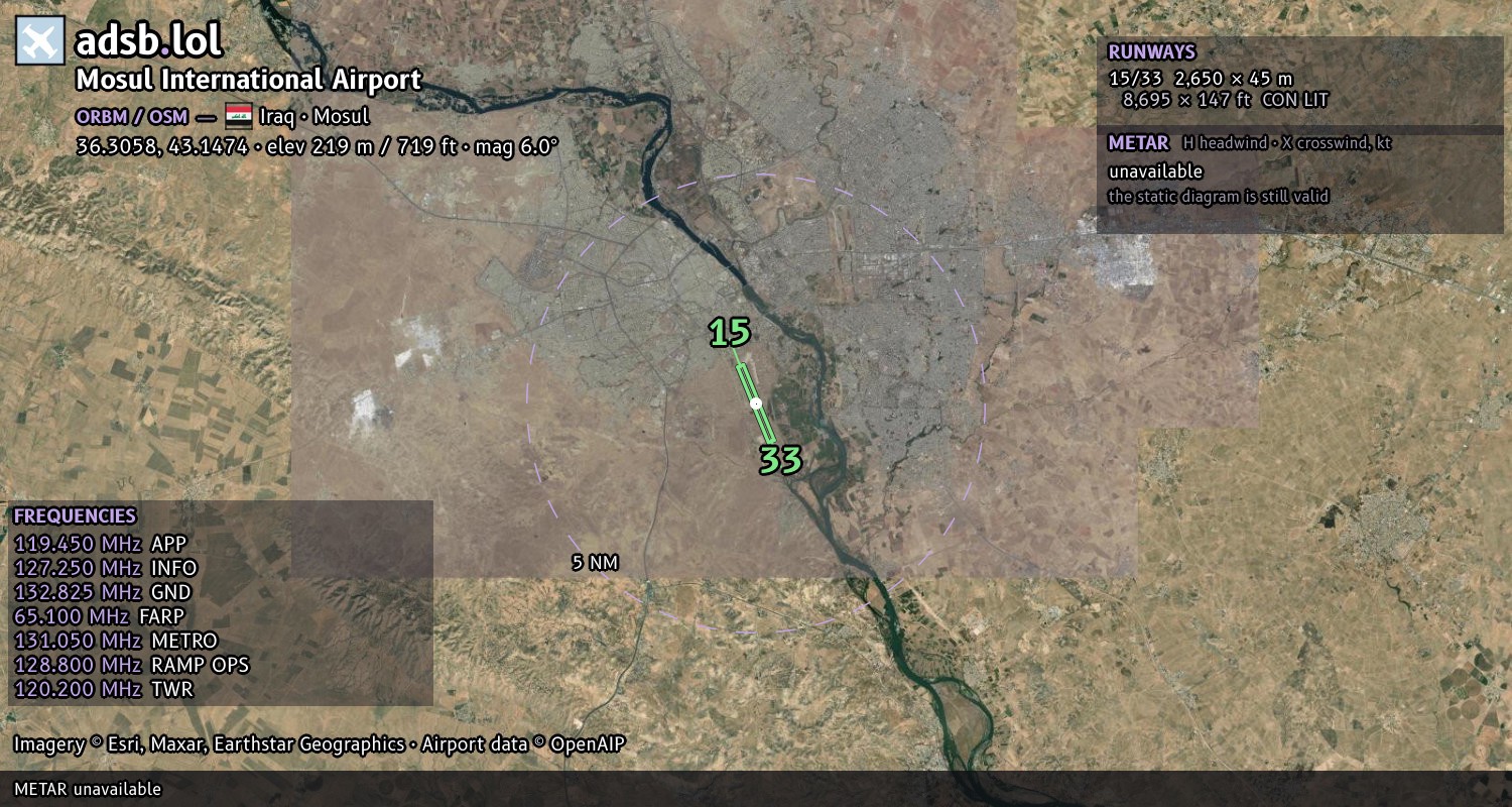 Satellite map with the runway layout of Mosul International Airport (ORBM)