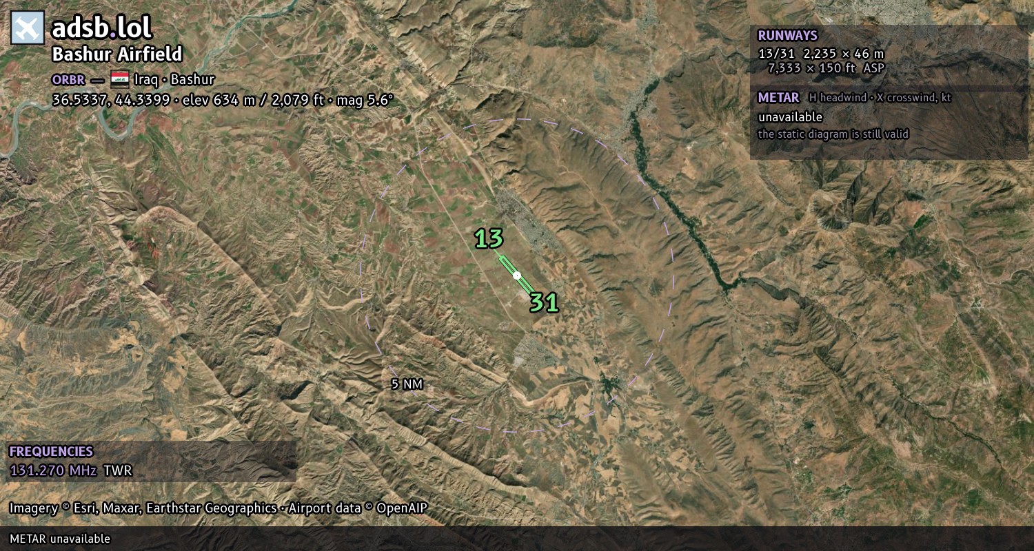 Satellite map with the runway layout of Bashur Airfield (ORBR)