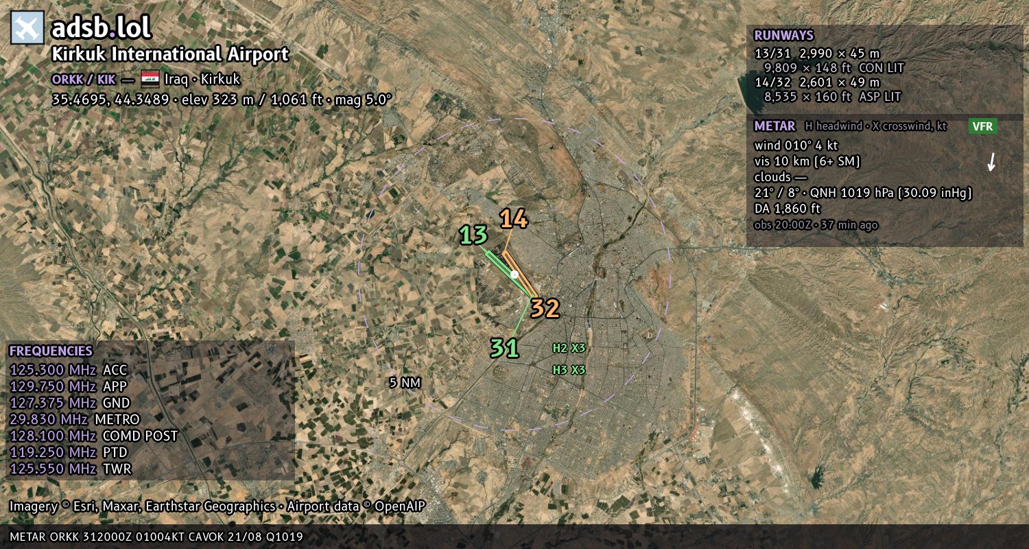 Satellite map with the runway layout of Kirkuk International Airport (ORKK)
