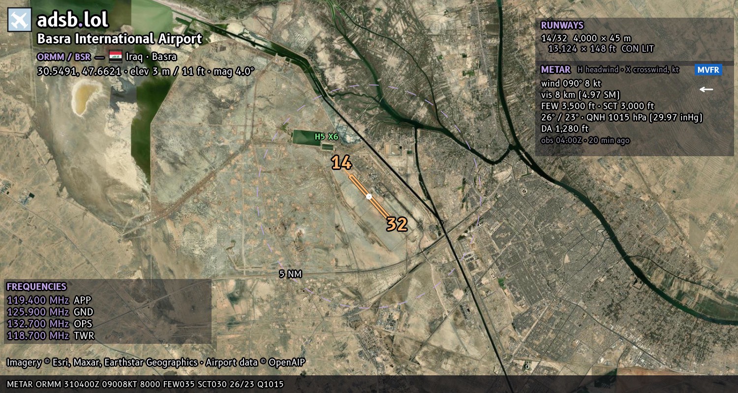 Satellite map with the runway layout of Basra International Airport (ORMM)