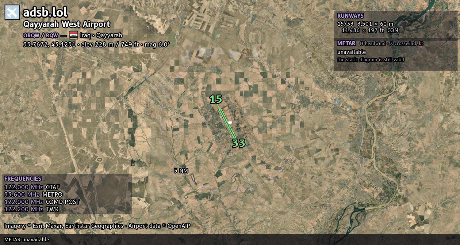 Satellite map with the runway layout of Qayyarah West Airport (ORQW)