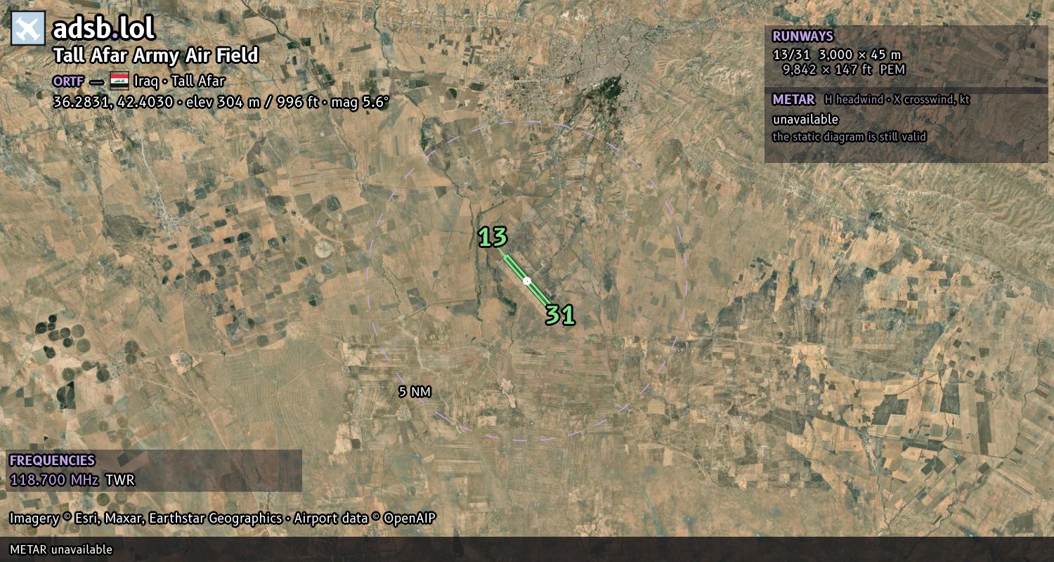 Satellite map with the runway layout of Tall Afar Army Air Field (ORTF)