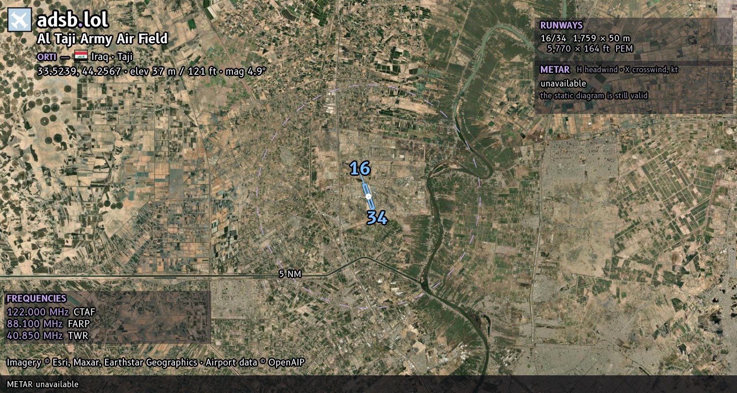 Satellite map with the runway layout of Al Taji Army Air Field (ORTI)