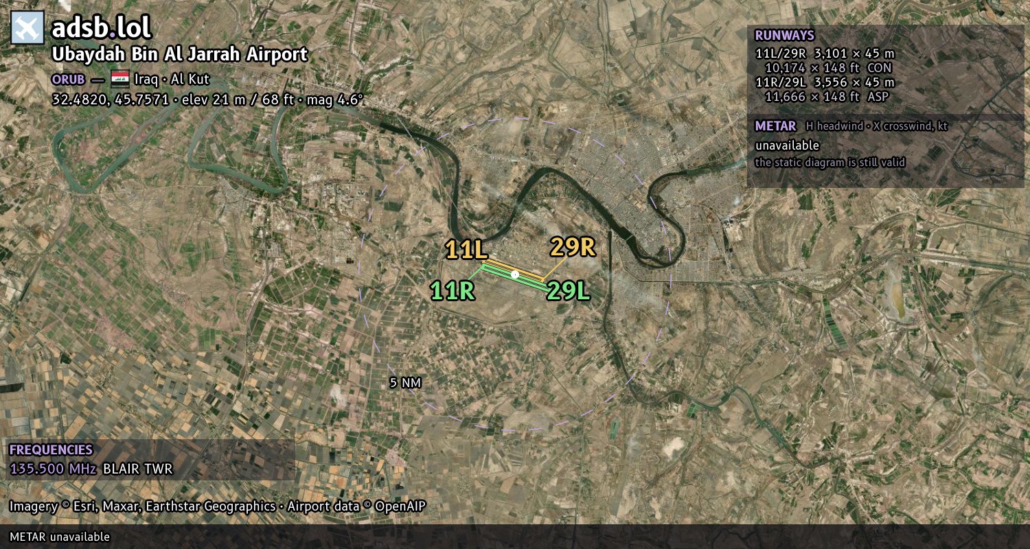 Satellite map with the runway layout of Ubaydah Bin Al Jarrah Airport (ORUB)