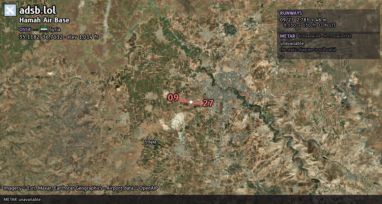 Satellite map with the runway layout of Hamah Air Base (OS58)