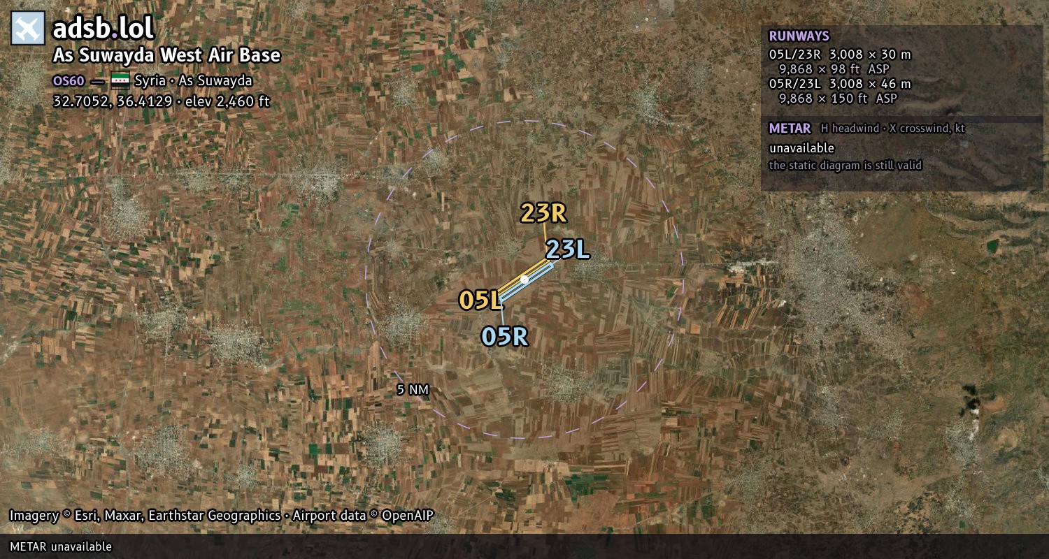 Satellite map with the runway layout of As Suwayda West Air Base (OS60)