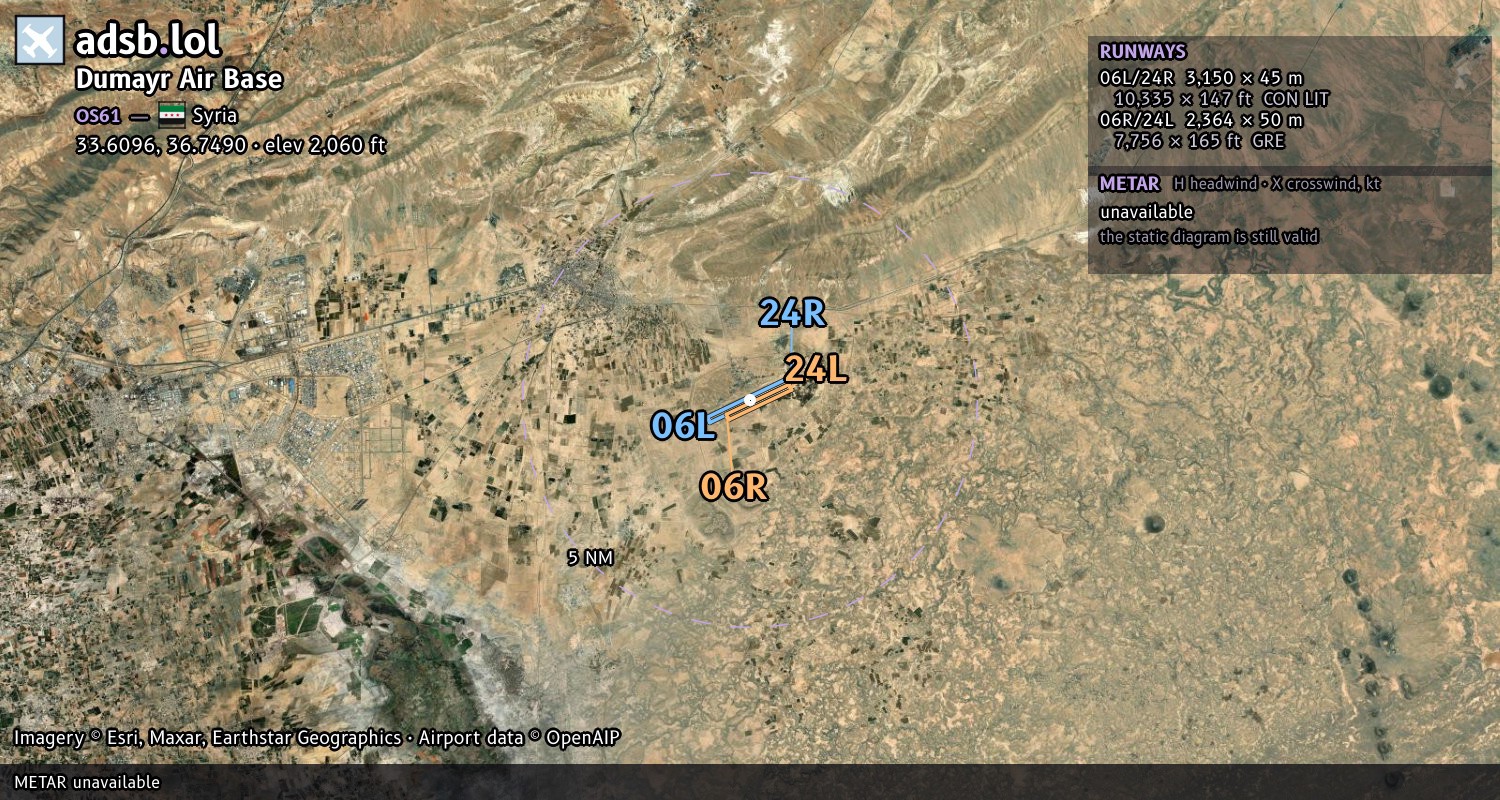 Satellite map with the runway layout of Dumayr Air Base (OS61)