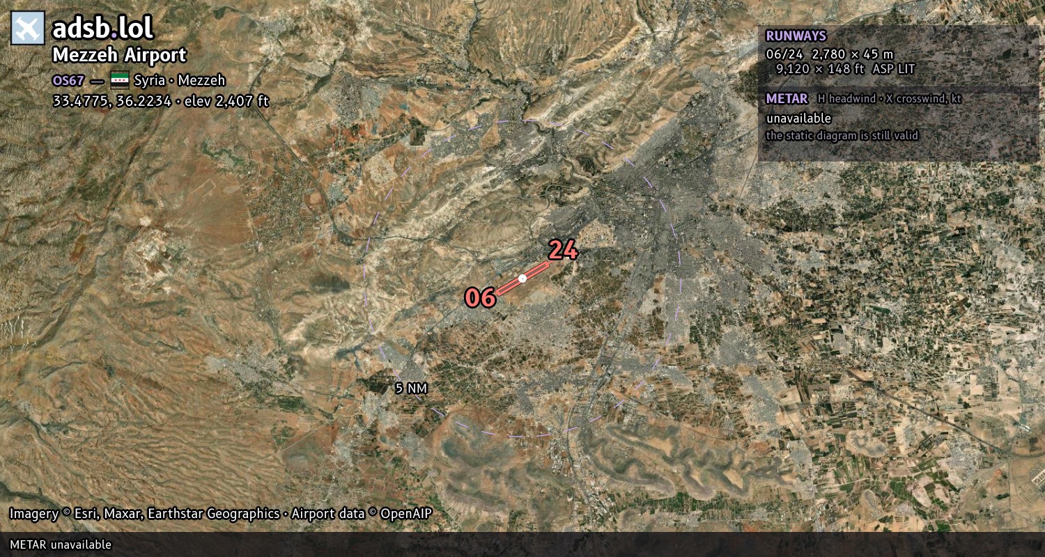 Satellite map with the runway layout of Mezzeh Airport (OS67)