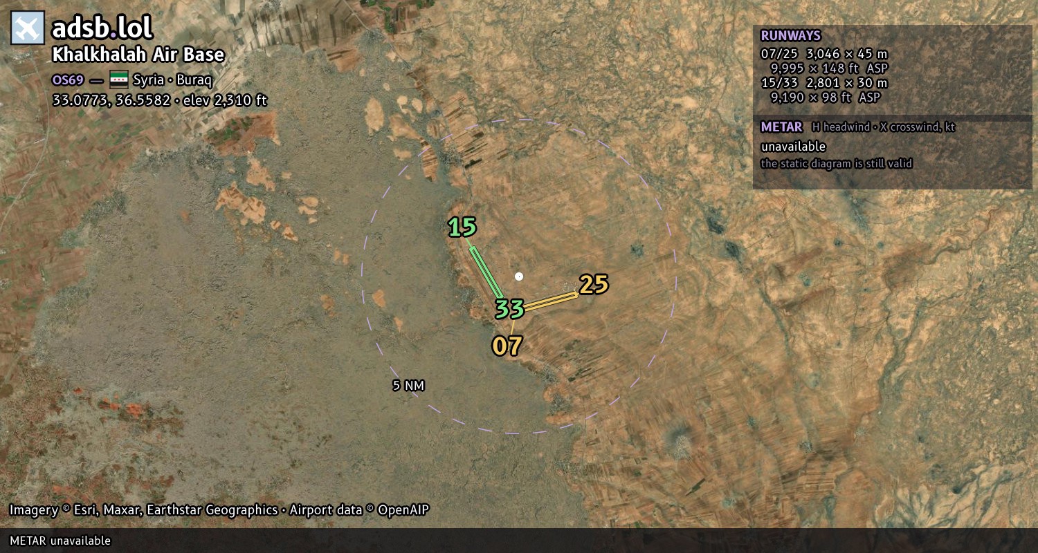 Satellite map with the runway layout of Khalkhalah Air Base (OS69)