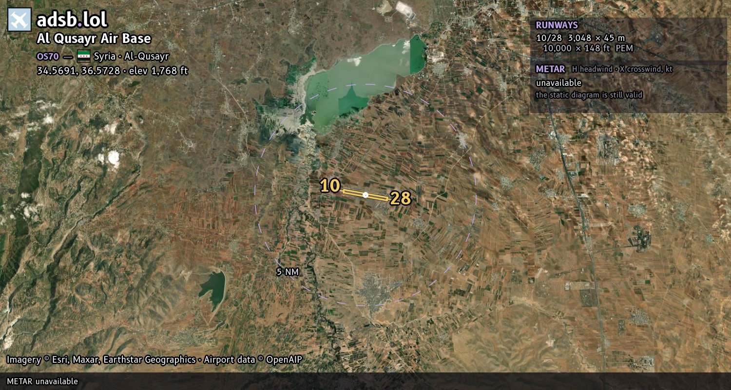 Satellite map with the runway layout of Al Qusayr Air Base (OS70)
