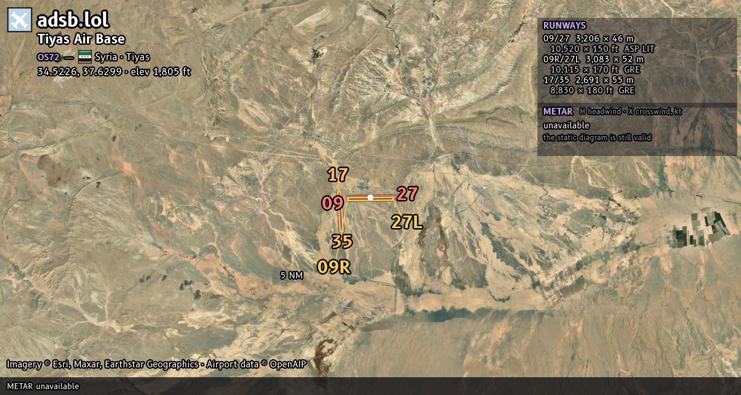 Satellite map with the runway layout of Tiyas Air Base (OS72)