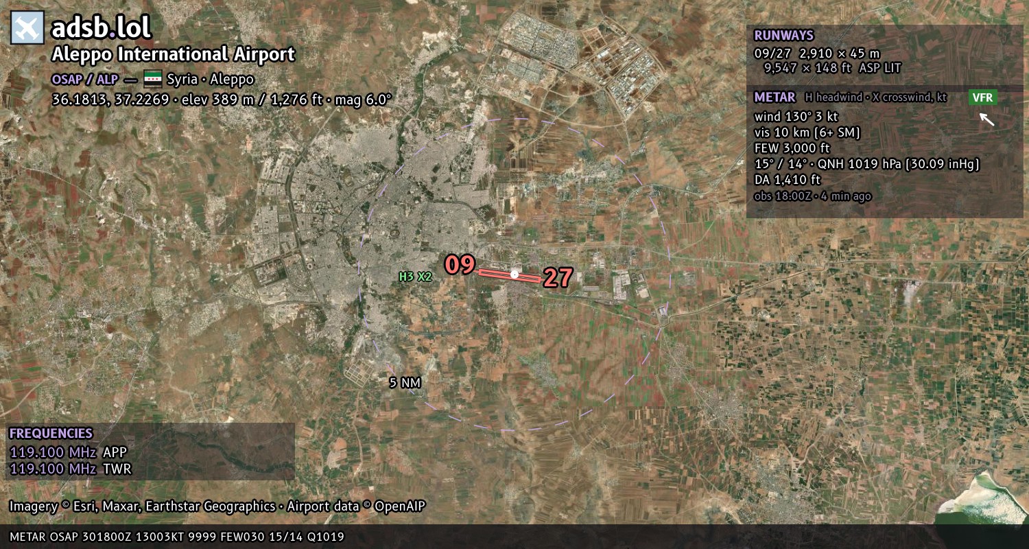 Satellite map with the runway layout of Aleppo International Airport (OSAP)