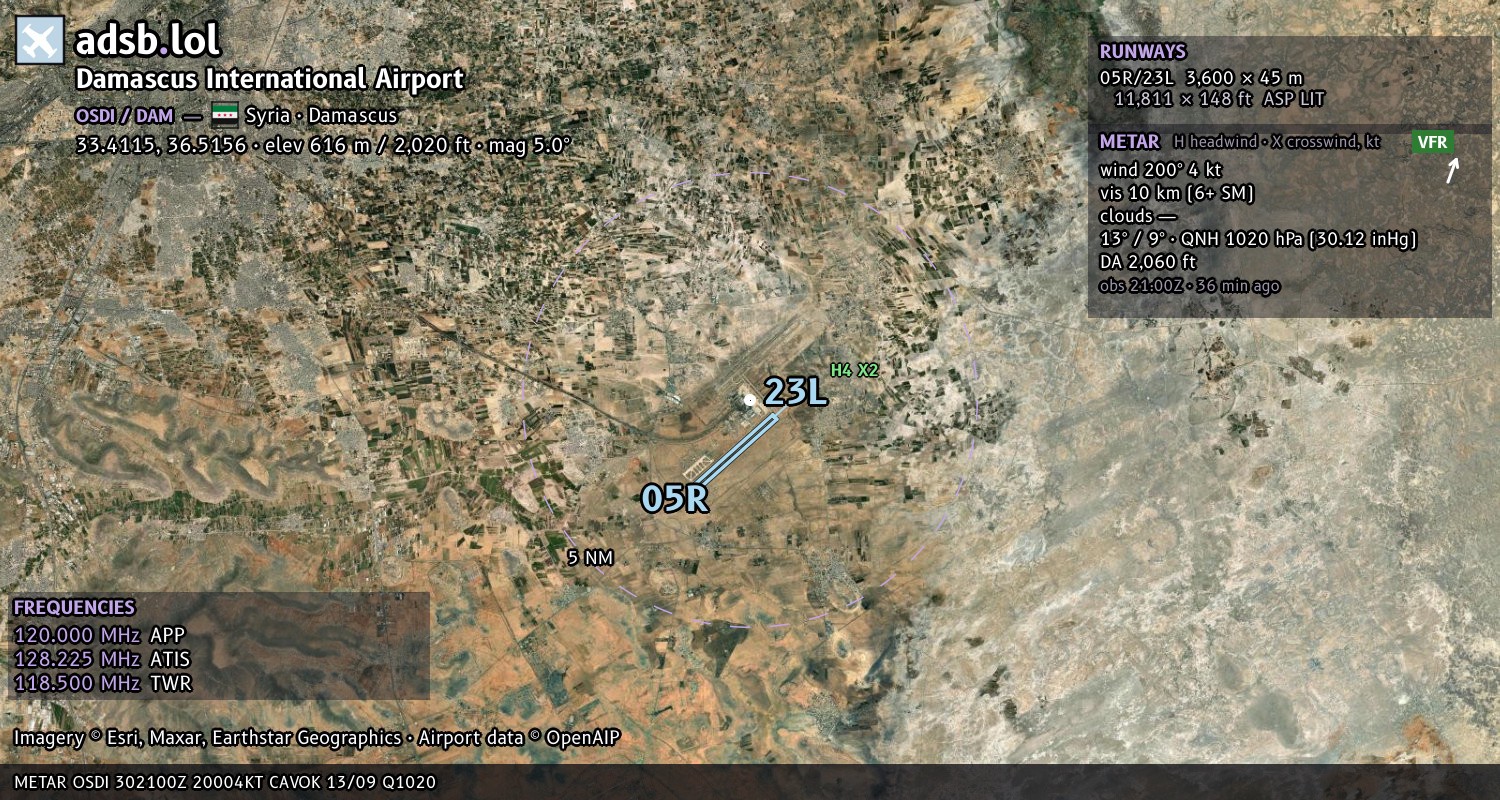 Satellite map with the runway layout of Damascus International Airport (OSDI)