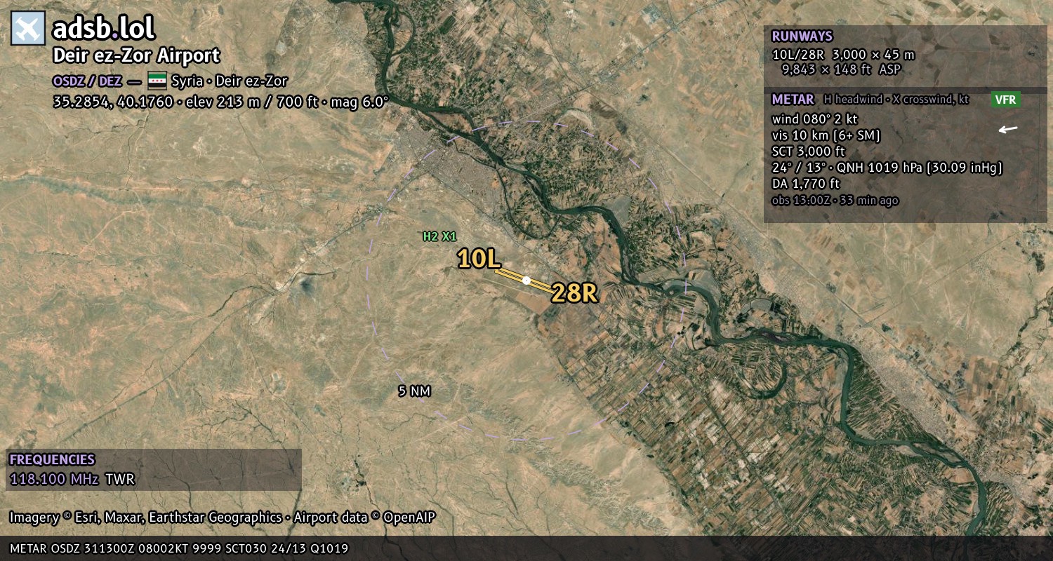 Satellite map with the runway layout of Deir ez-Zor Airport (OSDZ)