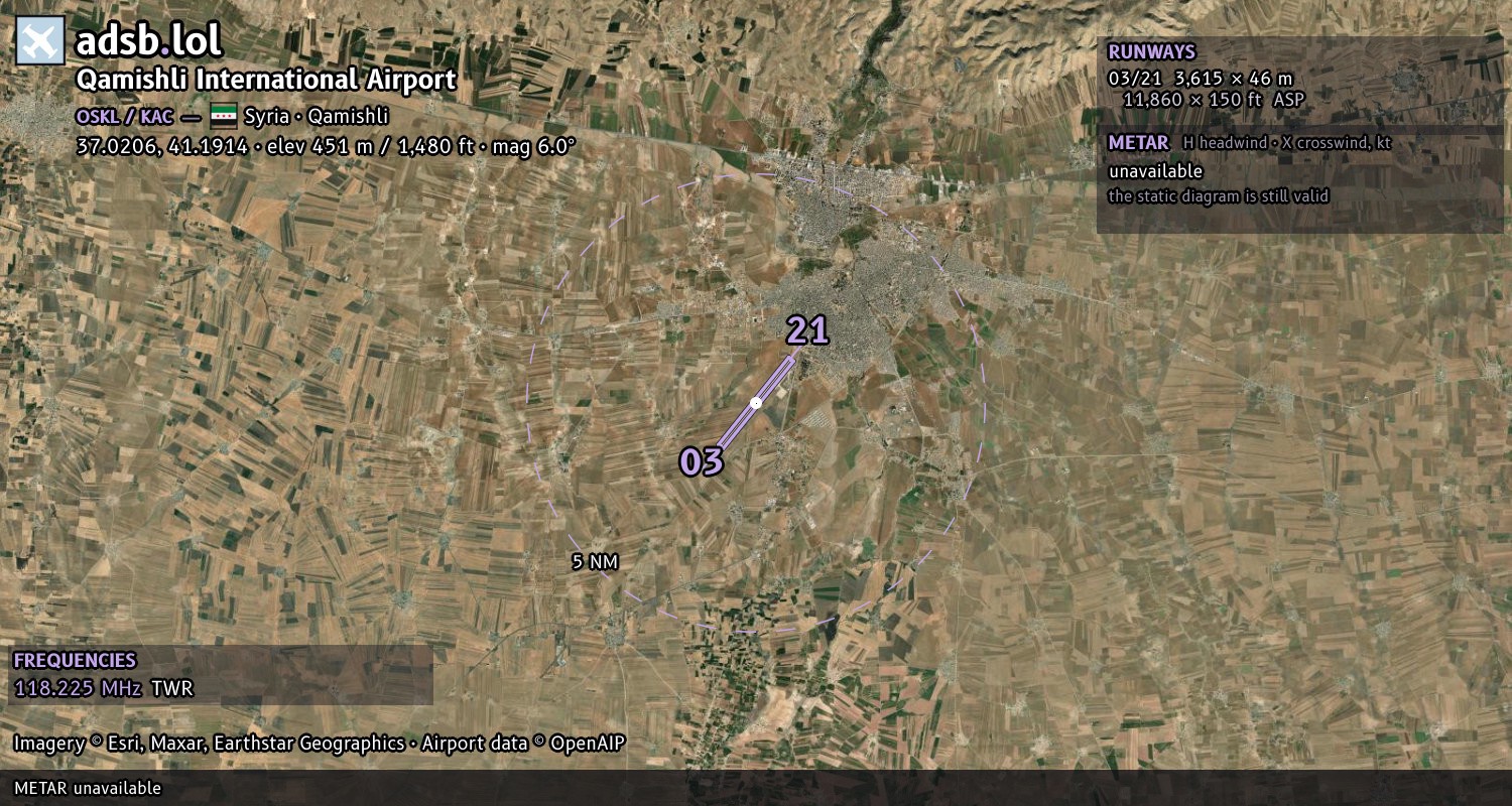 Satellite map with the runway layout of Qamishli International Airport (OSKL)