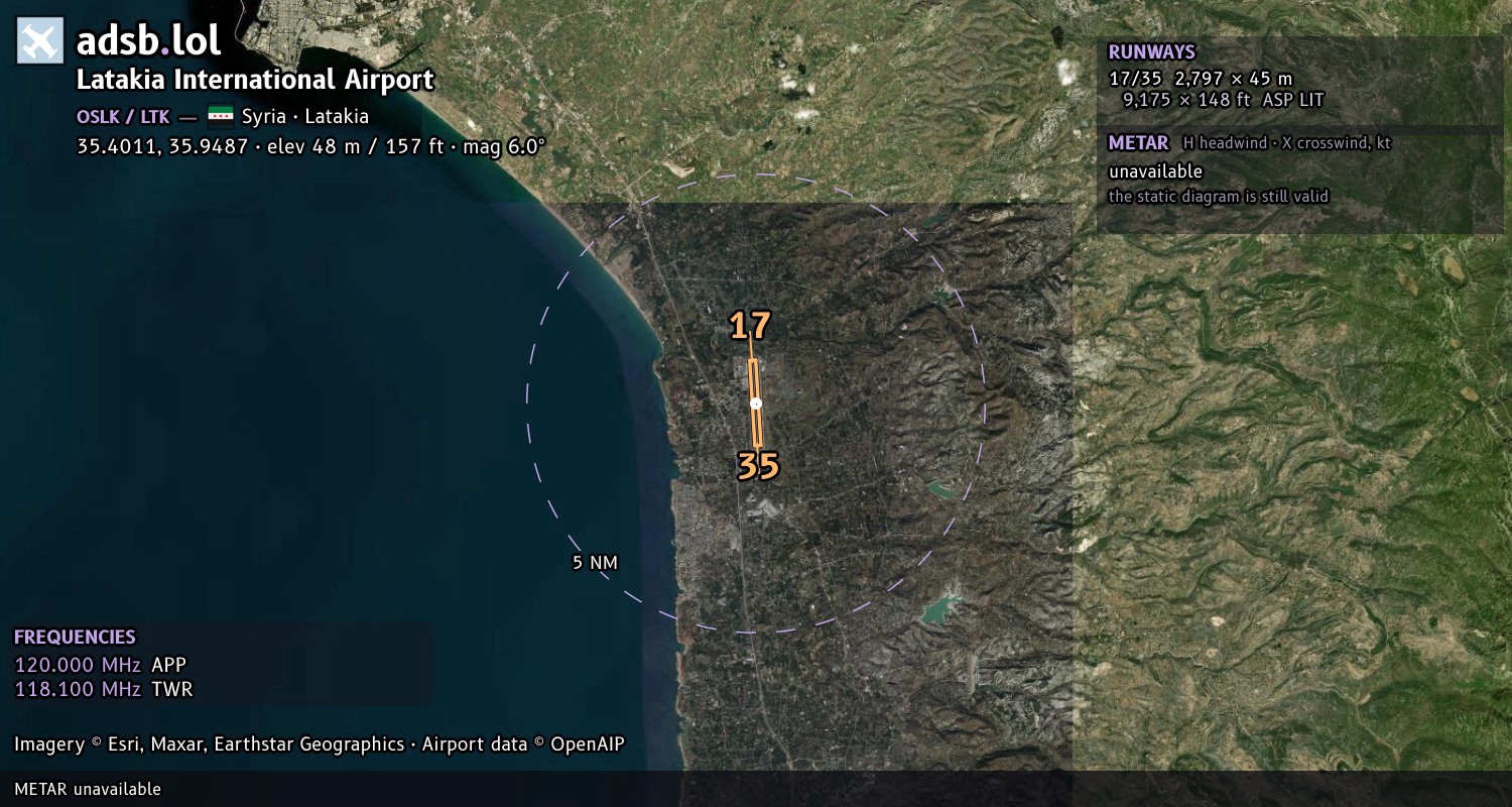 Satellite map with the runway layout of Latakia International Airport (OSLK)