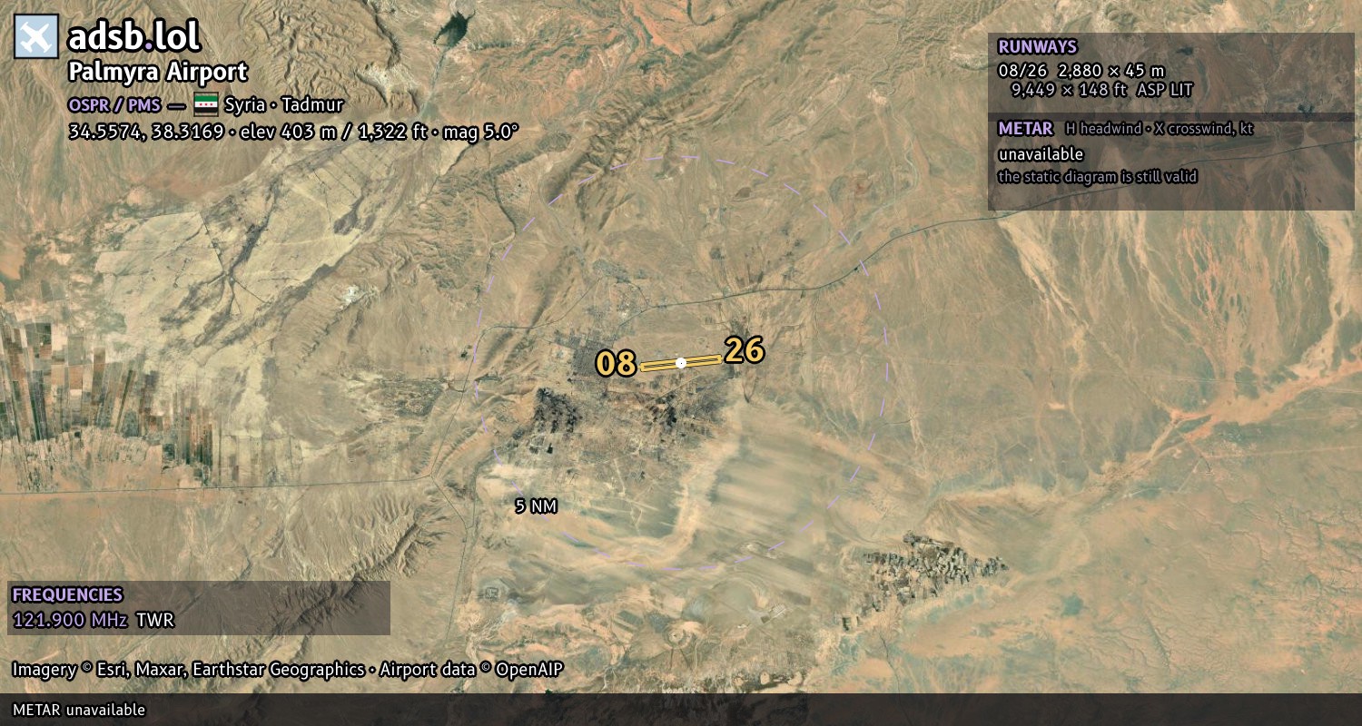 Satellite map with the runway layout of Palmyra Airport (OSPR)
