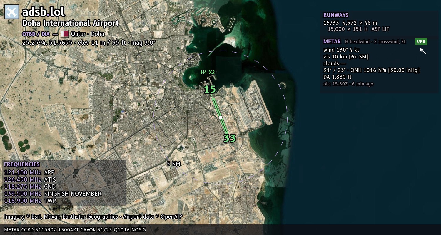 Satellite map with the runway layout of Doha International Airport (OTBD)