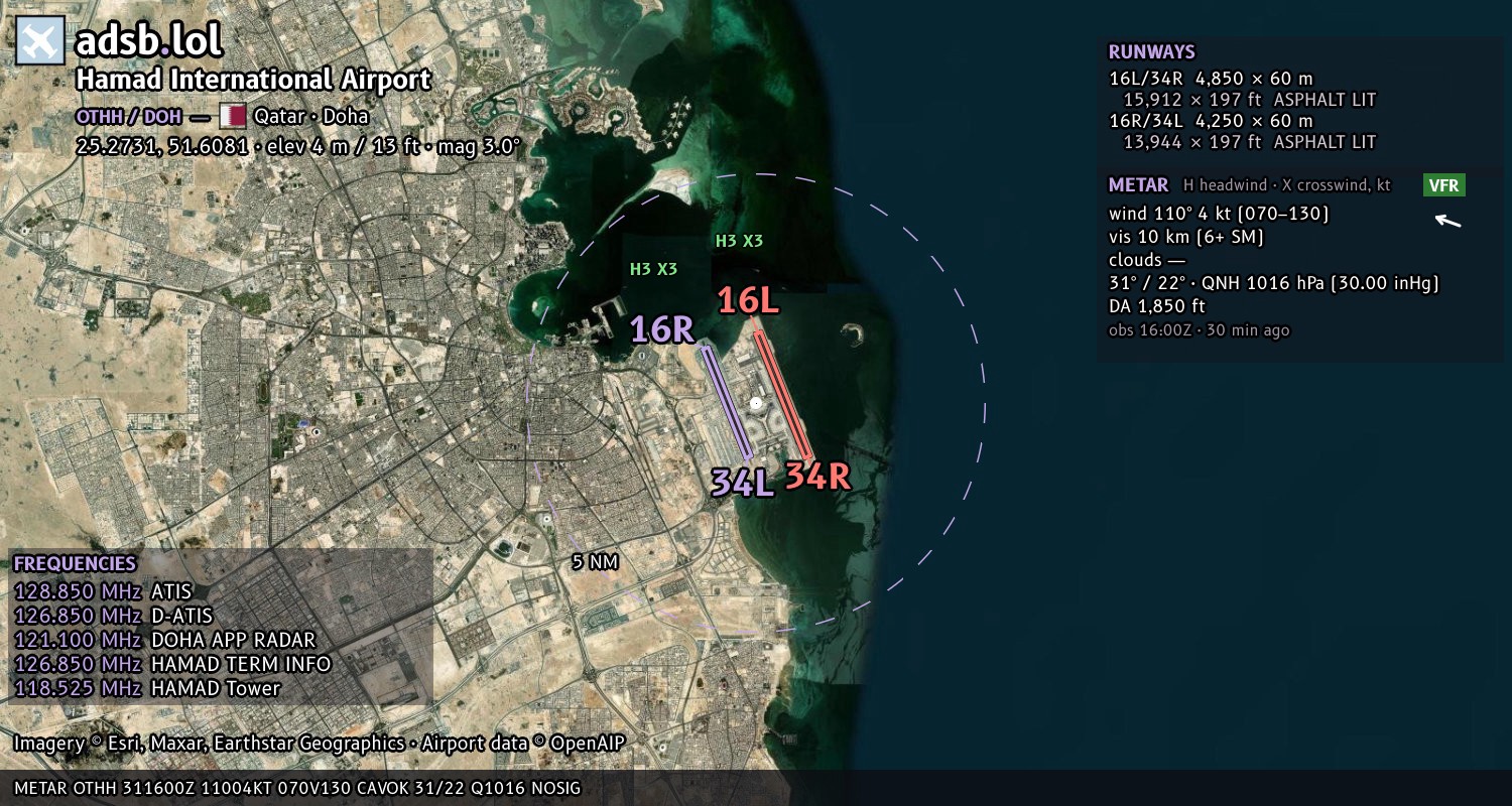 Satellite map with the runway layout of Hamad International Airport (OTHH)