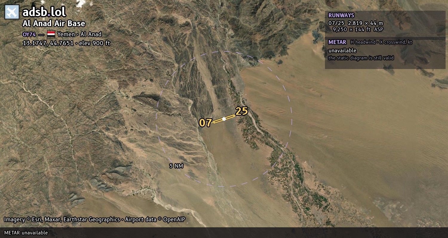 Satellite map with the runway layout of Al Anad Air Base (OY74)