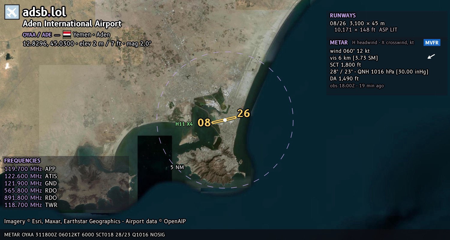Satellite map with the runway layout of Aden International Airport (OYAA)
