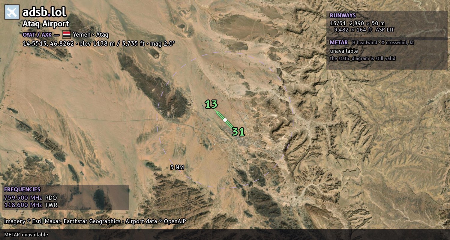 Satellite map with the runway layout of Ataq Airport (OYAT)