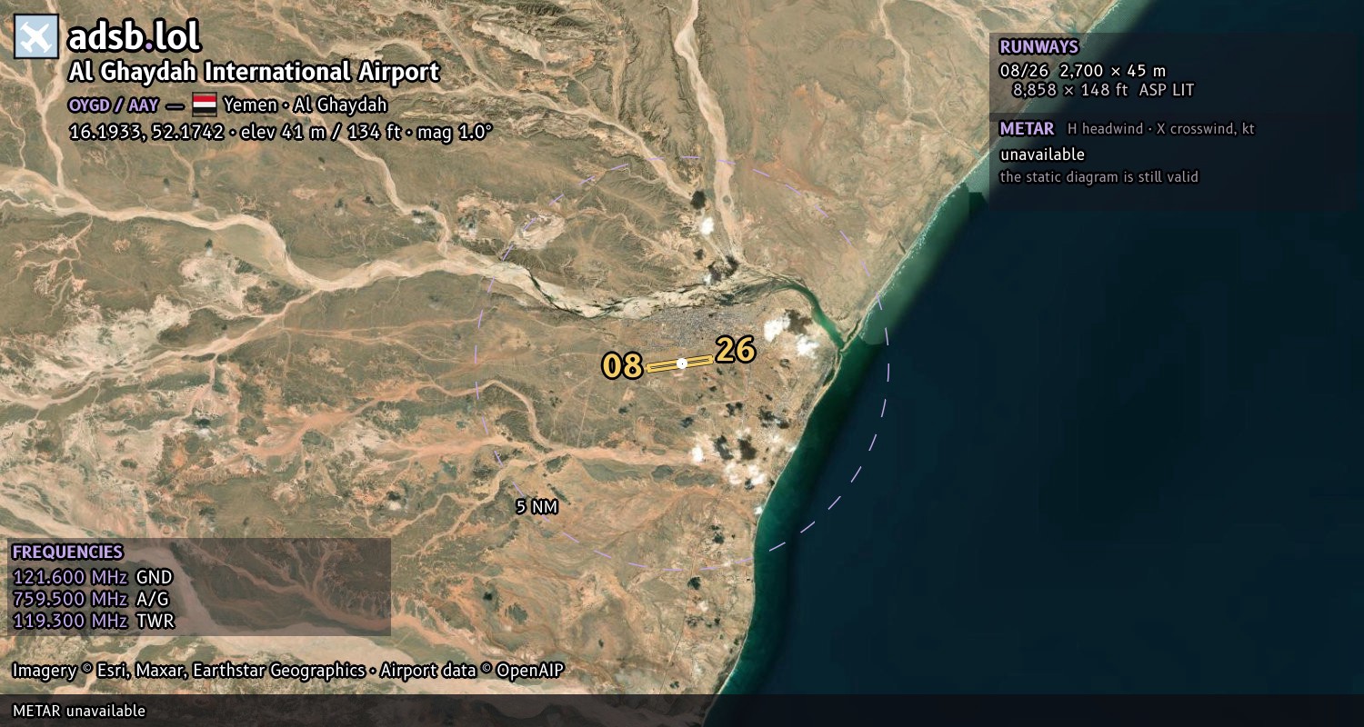 Satellite map with the runway layout of Al Ghaydah International Airport (OYGD)