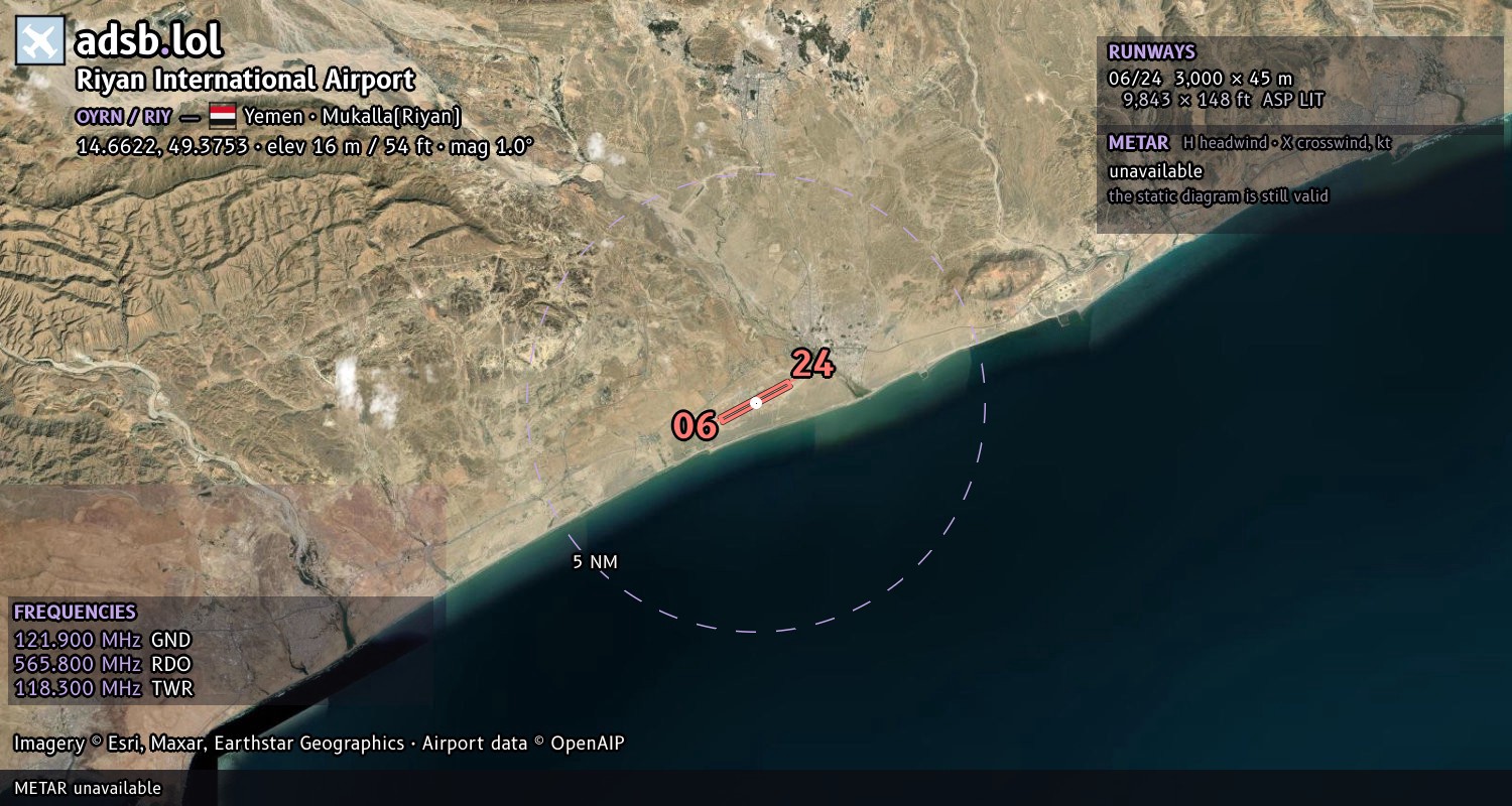 Satellite map with the runway layout of Riyan International Airport (OYRN)