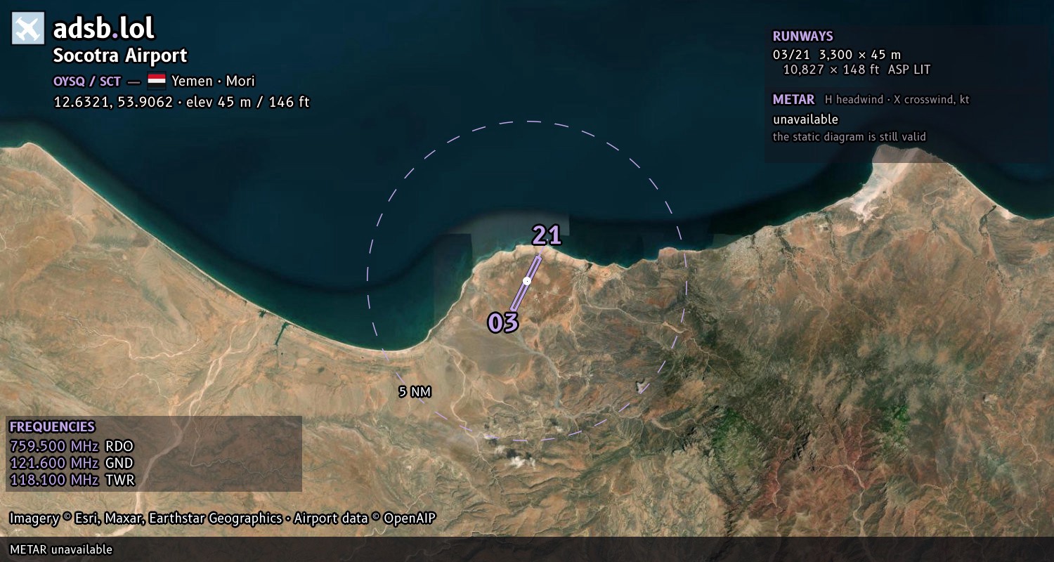 Satellite map with the runway layout of Socotra Airport (OYSQ)