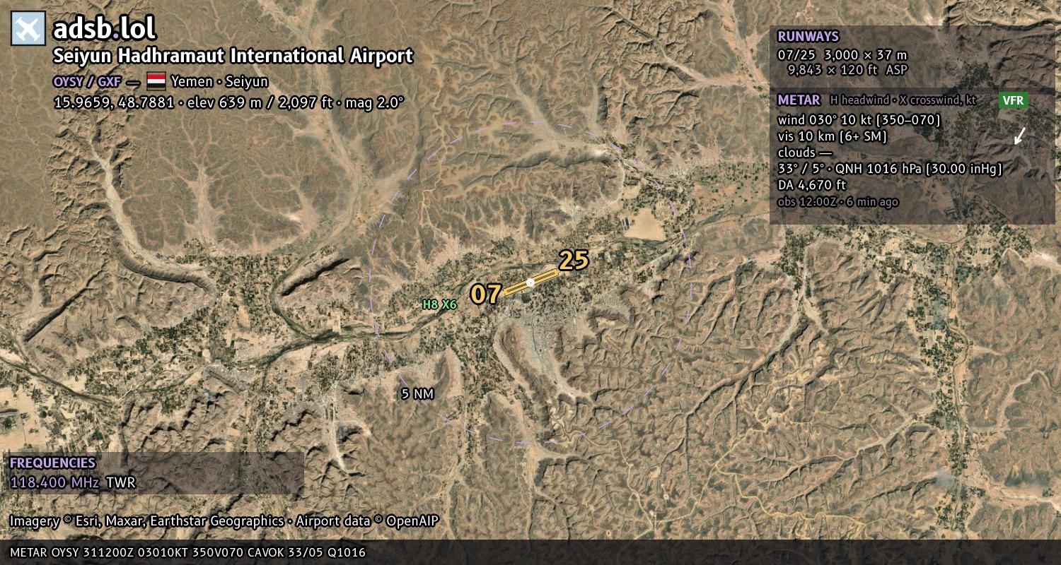 Satellite map with the runway layout of Seiyun Hadhramaut International Airport (OYSY)