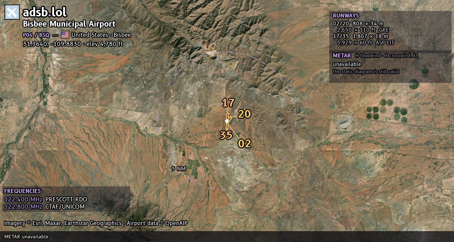 Satellite map with the runway layout of Bisbee Municipal Airport (P04)