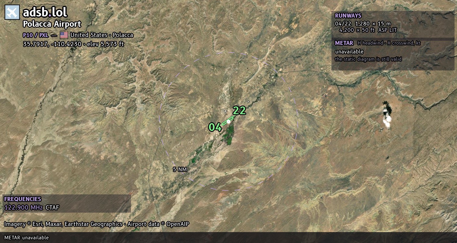 Satellite map with the runway layout of Polacca Airport (P10)