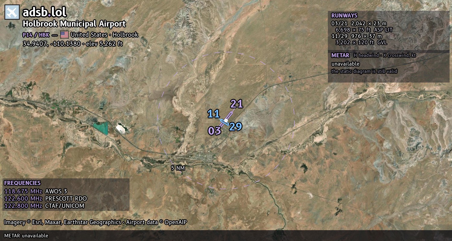 Satellite map with the runway layout of Holbrook Municipal Airport (P14)