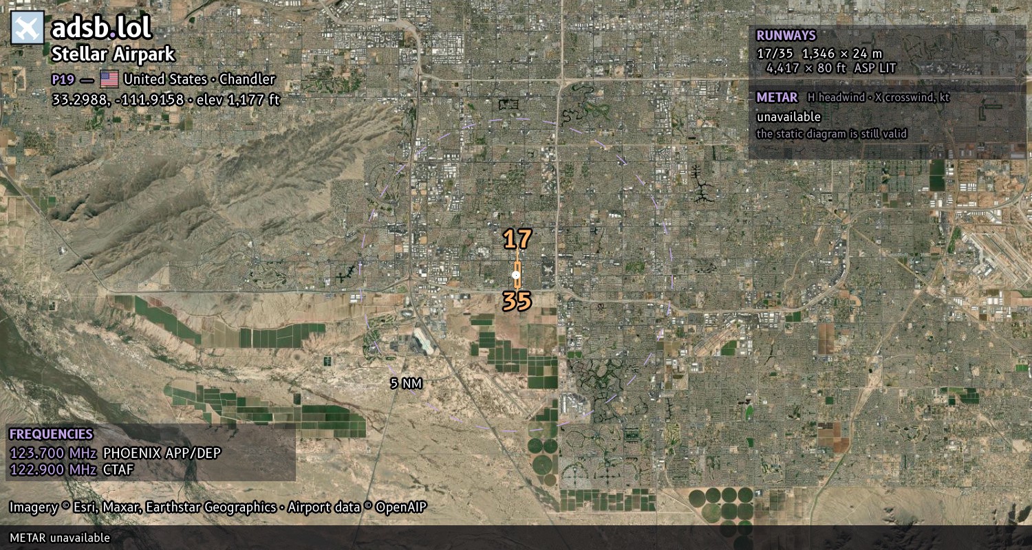 Satellite map with the runway layout of Stellar Airpark (P19)