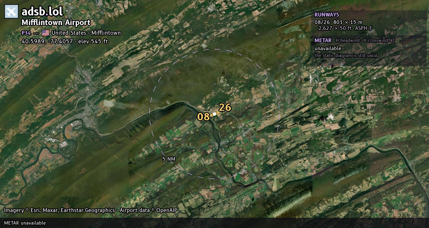Satellite map with the runway layout of Mifflintown Airport (P34)