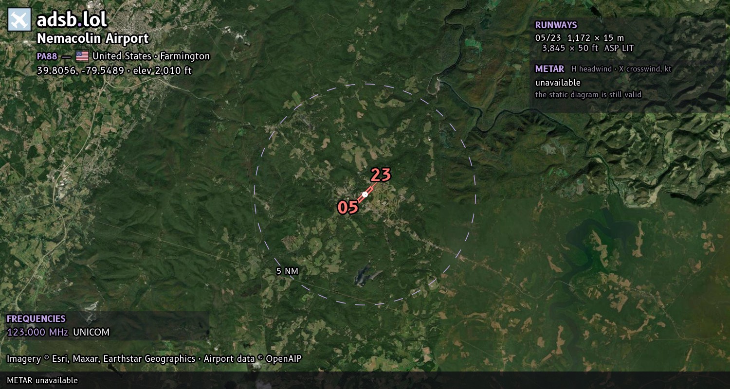 Satellite map with the runway layout of Nemacolin Airport (PA88)