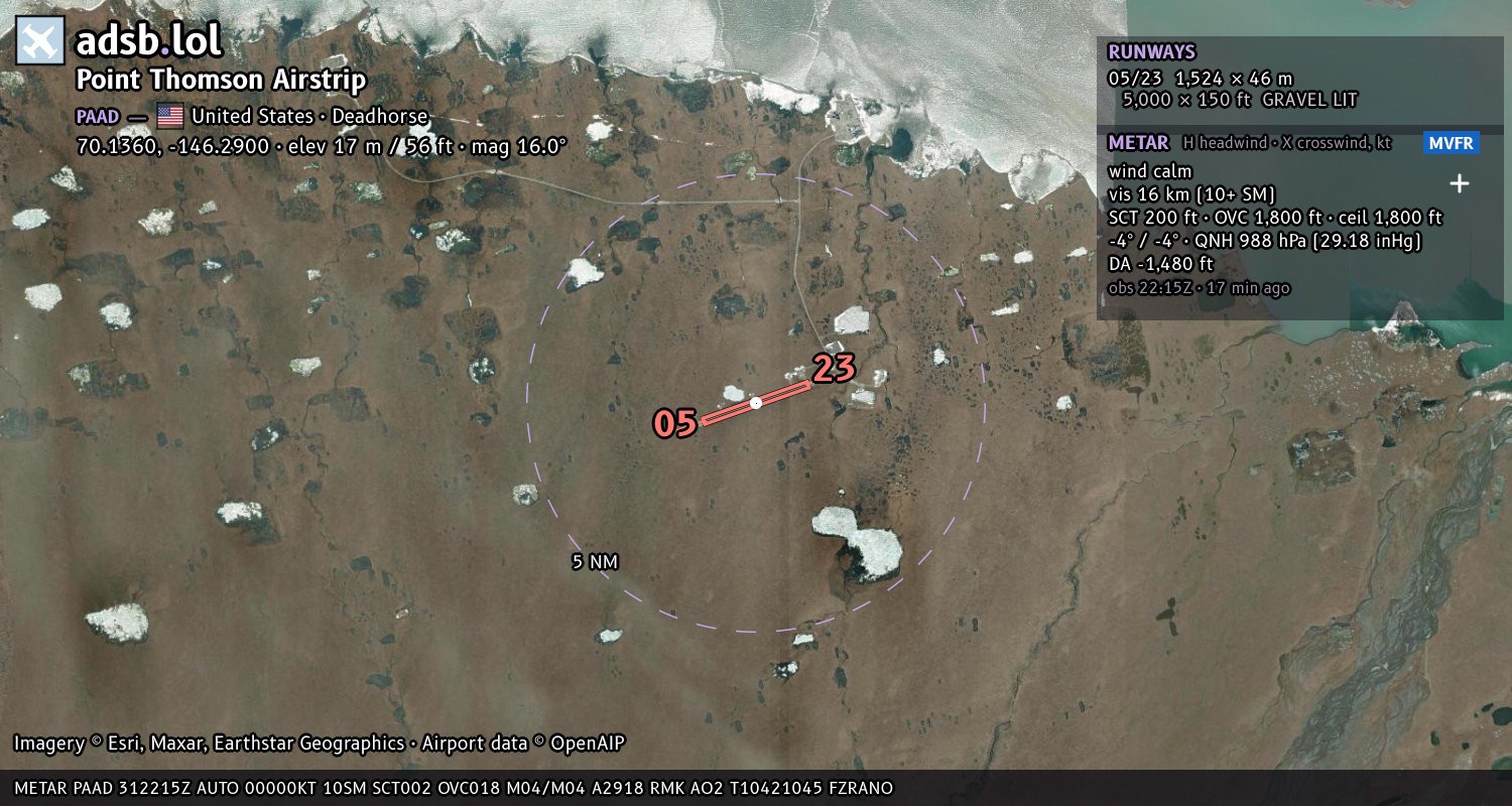 Satellite map with the runway layout of Point Thomson Airstrip (PAAD)