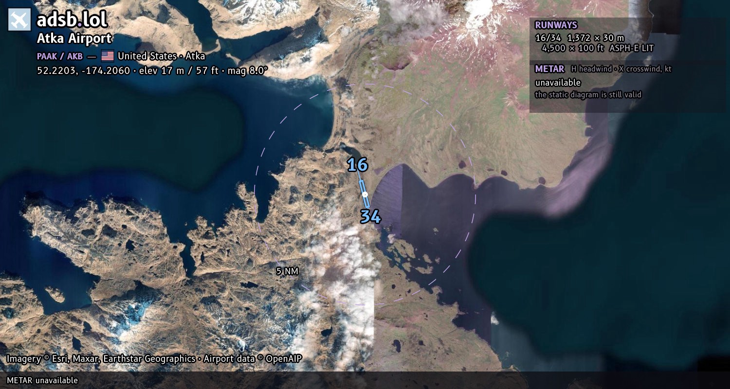 Satellite map with the runway layout of Atka Airport (PAAK)