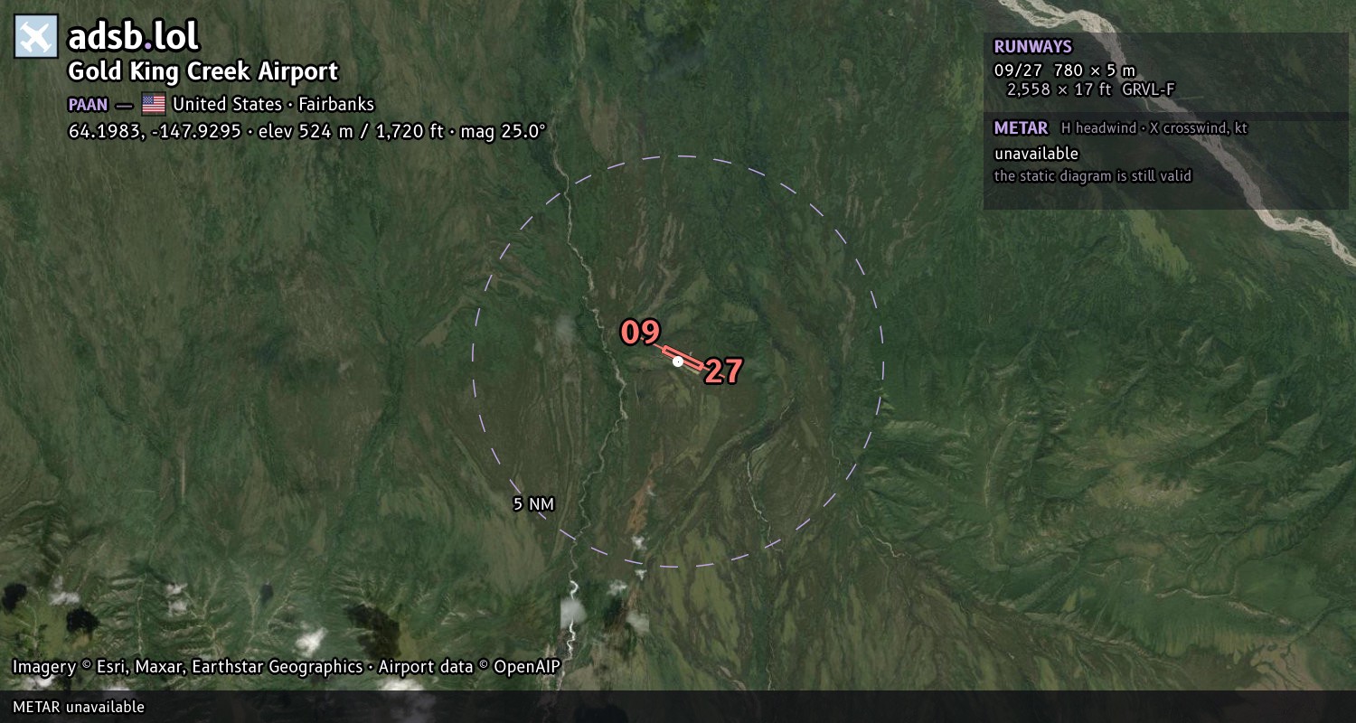 Satellite map with the runway layout of Gold King Creek Airport (PAAN)