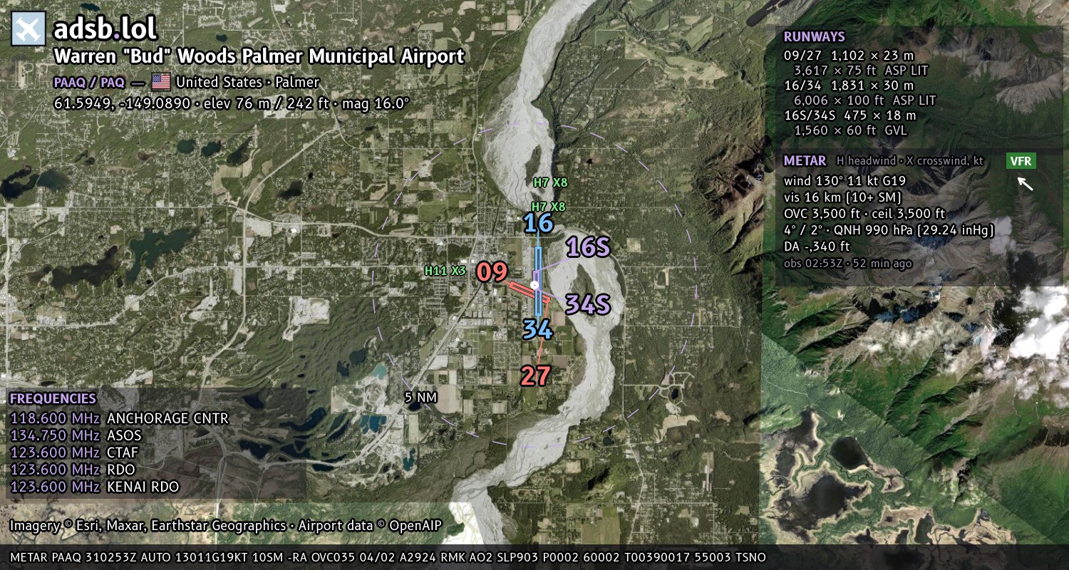 Satellite map with the runway layout of Warren "Bud" Woods Palmer Municipal Airport (PAAQ)