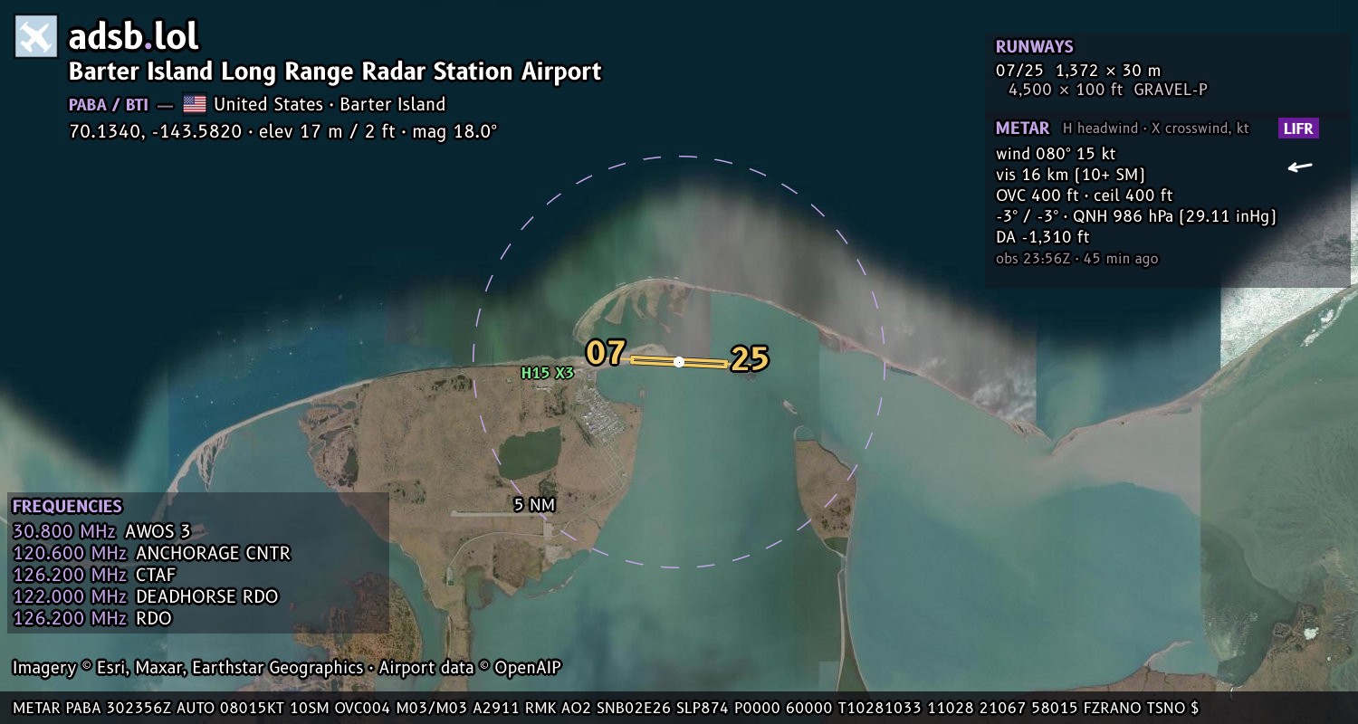 Satellite map with the runway layout of Barter Island Long Range Radar Station Airport (PABA)
